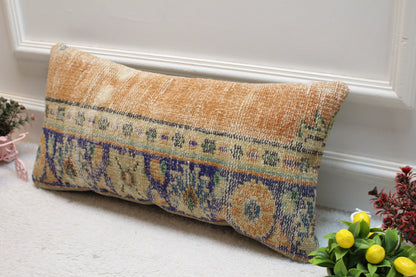 Handmade Orange & Blue Kilim Lumbar Pillow Cover: Turkish Rug Pillow (12x24 in)
