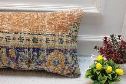 Handmade Orange & Blue Kilim Lumbar Pillow Cover: Turkish Rug Pillow (12x24 in)