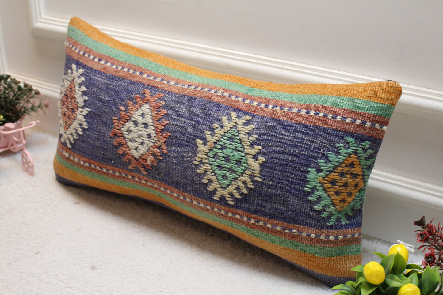 Handmade Kilim Lumbar Pillow Cover: Blue Woven Rug, 12x24 inch