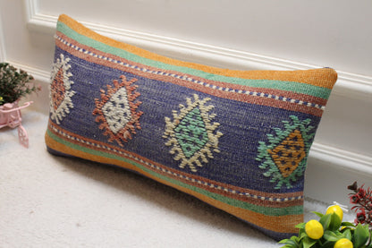 Handmade Kilim Lumbar Pillow Cover: Blue Woven Rug, 12x24 inch