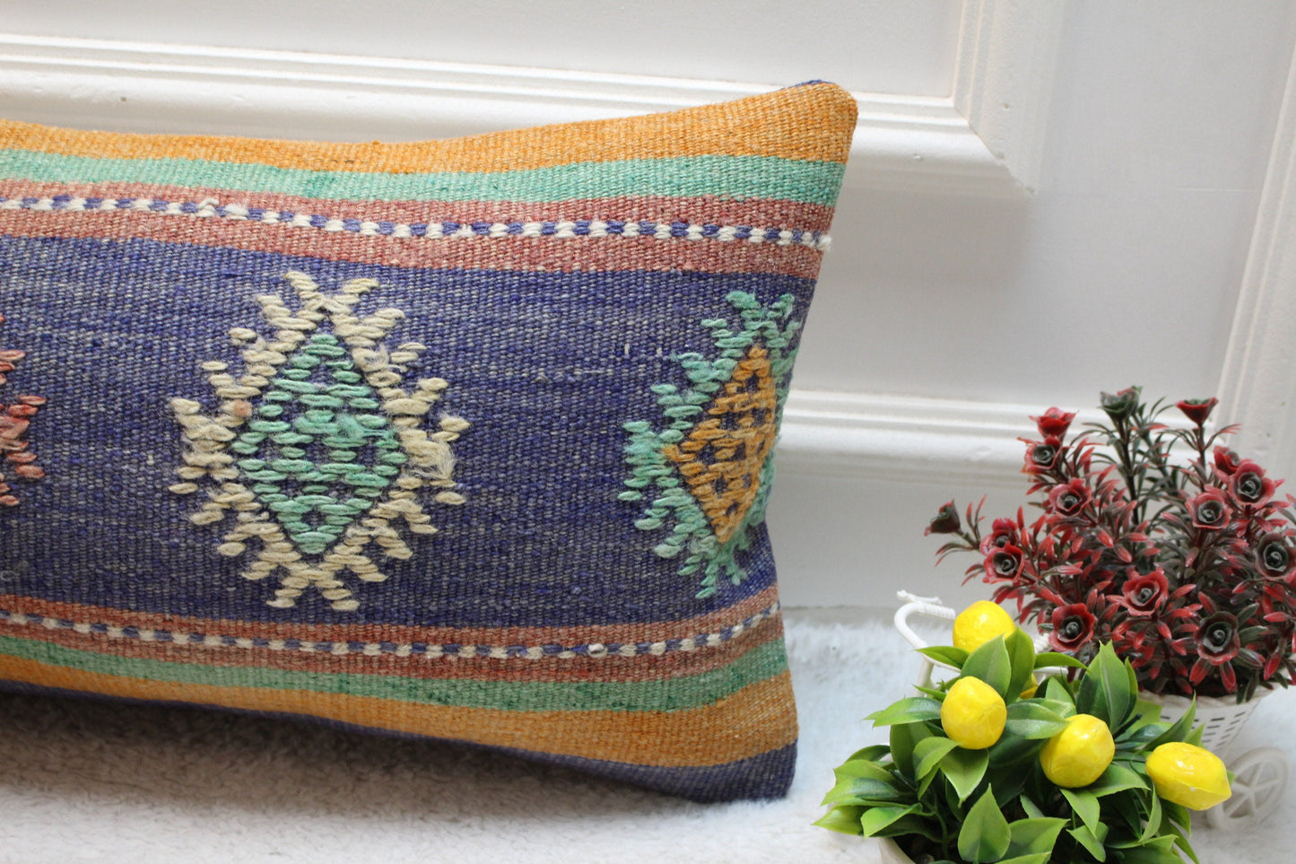 Handmade Kilim Lumbar Pillow Cover: Blue Woven Rug, 12x24 inch