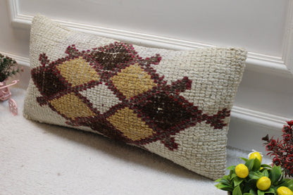 Geometric Kilim Lumbar Pillow Cover: Upcycled Woven Rug, 12x24 inch