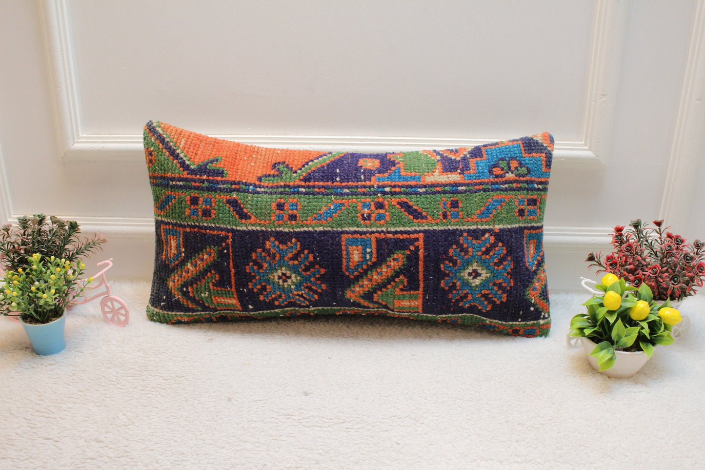 Vintage Turkish Rug Lumbar Pillow Cover: Blue Wool Kilim Pillow, 12x24 inch