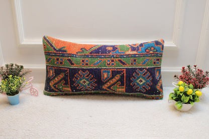 Vintage Turkish Rug Lumbar Pillow Cover: Blue Wool Kilim Pillow, 12x24 inch