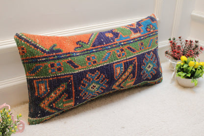 Vintage Turkish Rug Lumbar Pillow Cover: Blue Wool Kilim Pillow, 12x24 inch