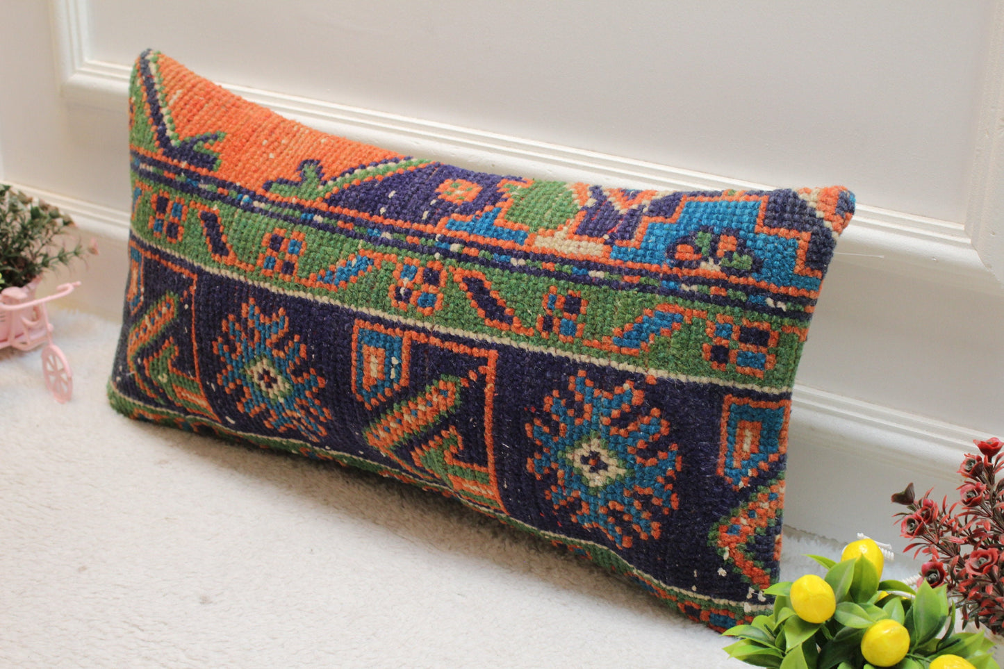 Vintage Turkish Rug Lumbar Pillow Cover: Blue Wool Kilim Pillow, 12x24 inch