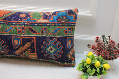 Vintage Turkish Rug Lumbar Pillow Cover: Blue Wool Kilim Pillow, 12x24 inch