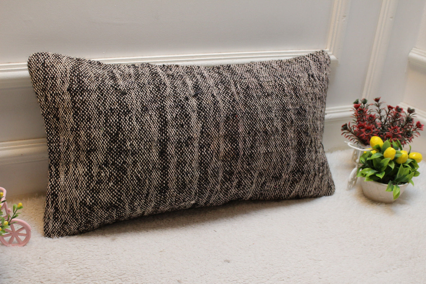 Gray Turkish Kilim Lumbar Pillow Cover: Vintage Woven Wool, 12x24 inch