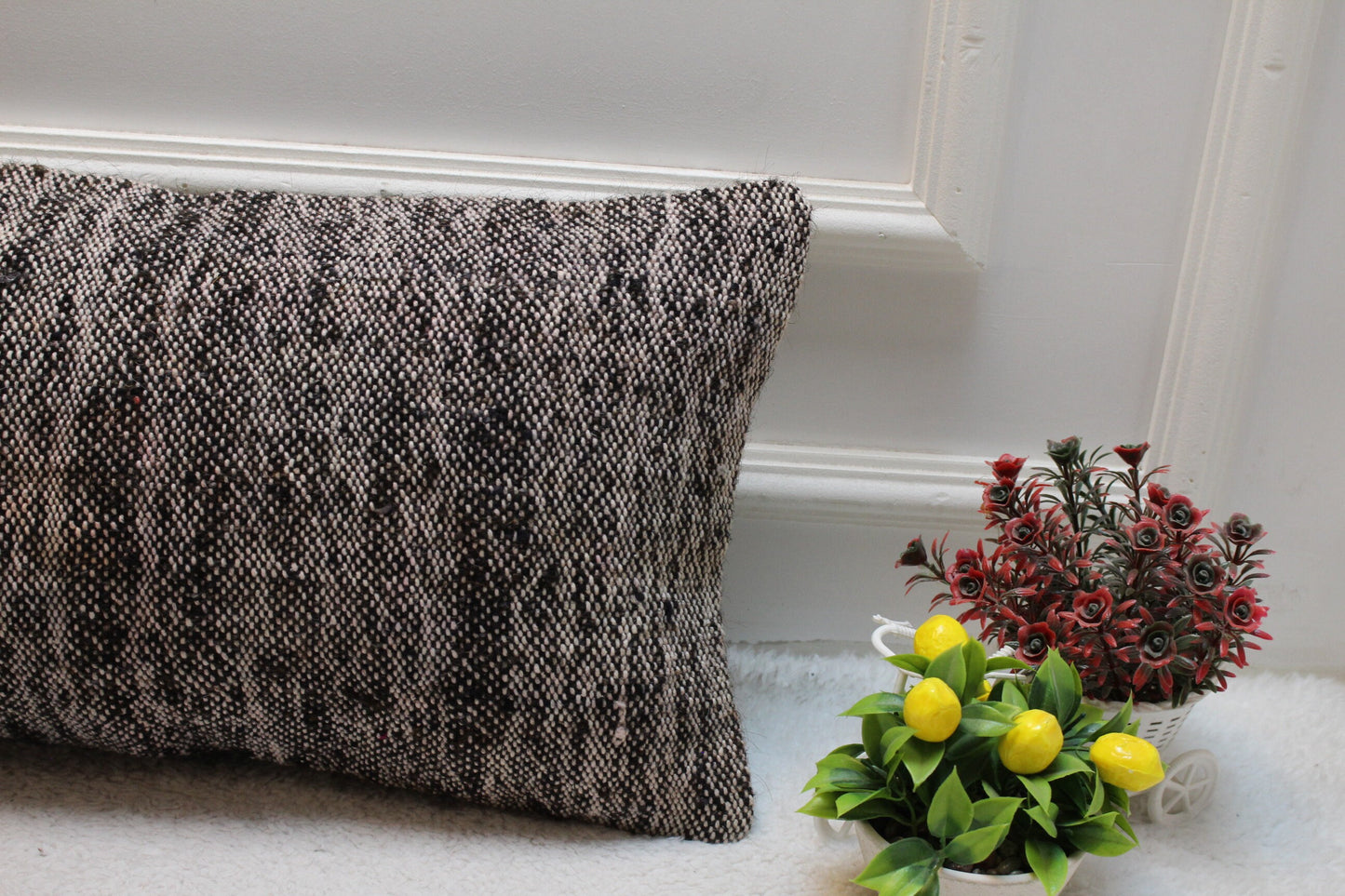 Gray Turkish Kilim Lumbar Pillow Cover: Vintage Woven Wool, 12x24 inch