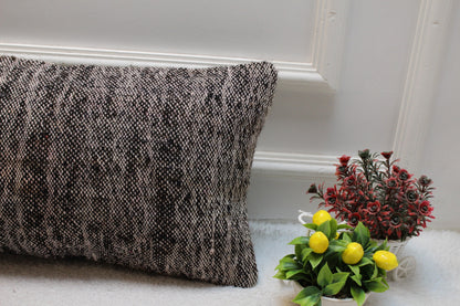 Gray Turkish Kilim Lumbar Pillow Cover: Vintage Woven Wool, 12x24 inch