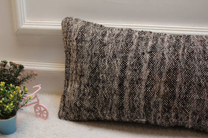 Gray Turkish Kilim Lumbar Pillow Cover: Vintage Woven Wool, 12x24 inch