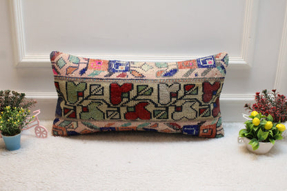Handmade Floral Turkish Rug Lumbar Pillow Cover: 12x24 inch Wool Pillow