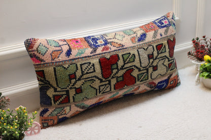 Handmade Floral Turkish Rug Lumbar Pillow Cover: 12x24 inch Wool Pillow