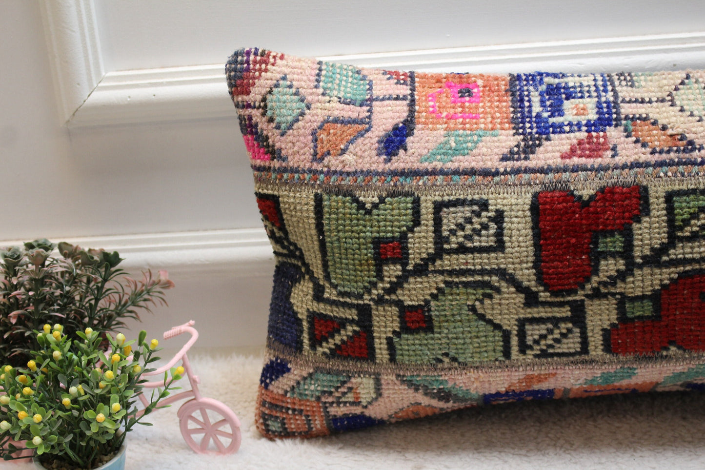 Handmade Floral Turkish Rug Lumbar Pillow Cover: 12x24 inch Wool Pillow