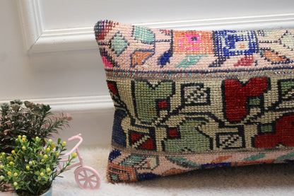 Handmade Floral Turkish Rug Lumbar Pillow Cover: 12x24 inch Wool Pillow