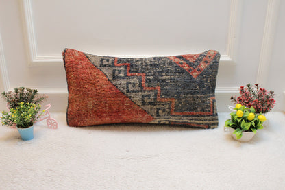 Handmade Turkish Rug Lumbar Pillow Cover: Ethnic Woven Design, 12x24 inch
