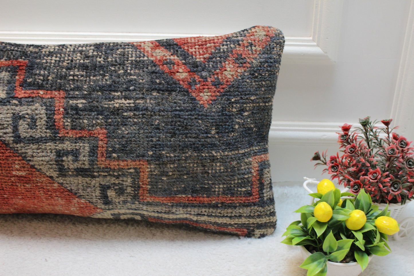 Handmade Turkish Rug Lumbar Pillow Cover: Ethnic Woven Design, 12x24 inch