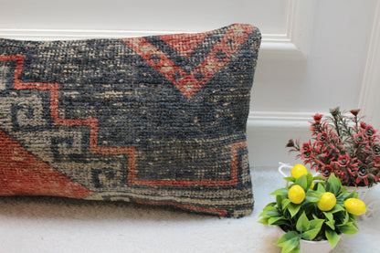 Handmade Turkish Rug Lumbar Pillow Cover: Ethnic Woven Design, 12x24 inch