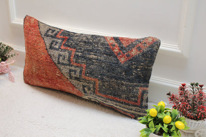 Handmade Turkish Rug Lumbar Pillow Cover: Ethnic Woven Design, 12x24 inch