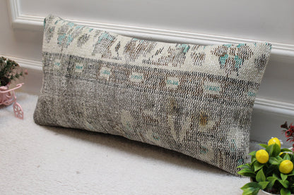 Gray Vintage Turkish Rug Lumbar Pillow Cover: 12x24 inc Wool Kilim