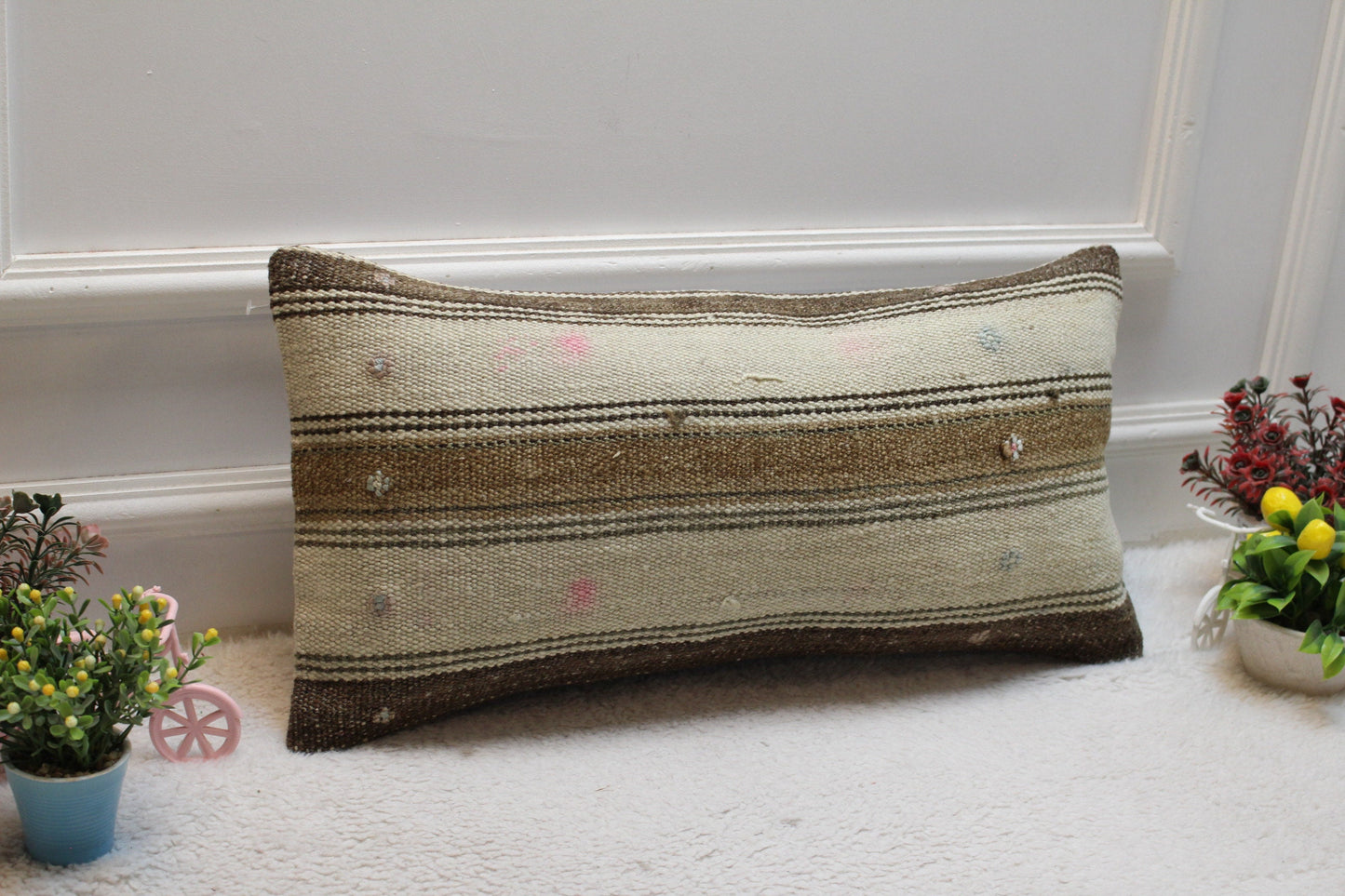 Handwoven Kilim Lumbar Pillow Cover: Striped Wool Sofa Pillow (12x24 inc)