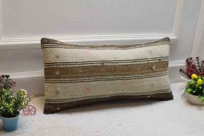 Handwoven Kilim Lumbar Pillow Cover: Striped Wool Sofa Pillow (12x24 inc)