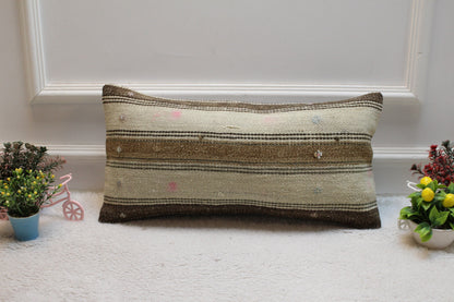 Handwoven Kilim Lumbar Pillow Cover: Striped Wool Sofa Pillow (12x24 inc)