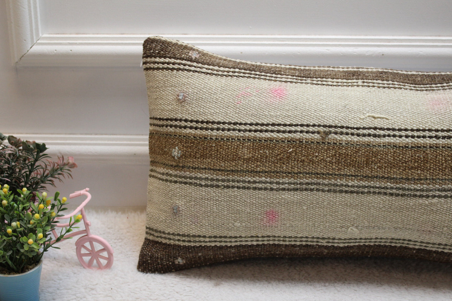 Handwoven Kilim Lumbar Pillow Cover: Striped Wool Sofa Pillow (12x24 inc)