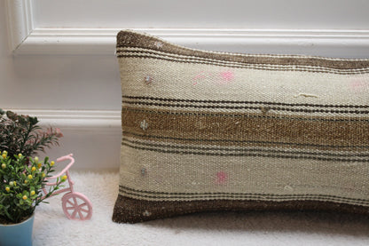 Handwoven Kilim Lumbar Pillow Cover: Striped Wool Sofa Pillow (12x24 inc)