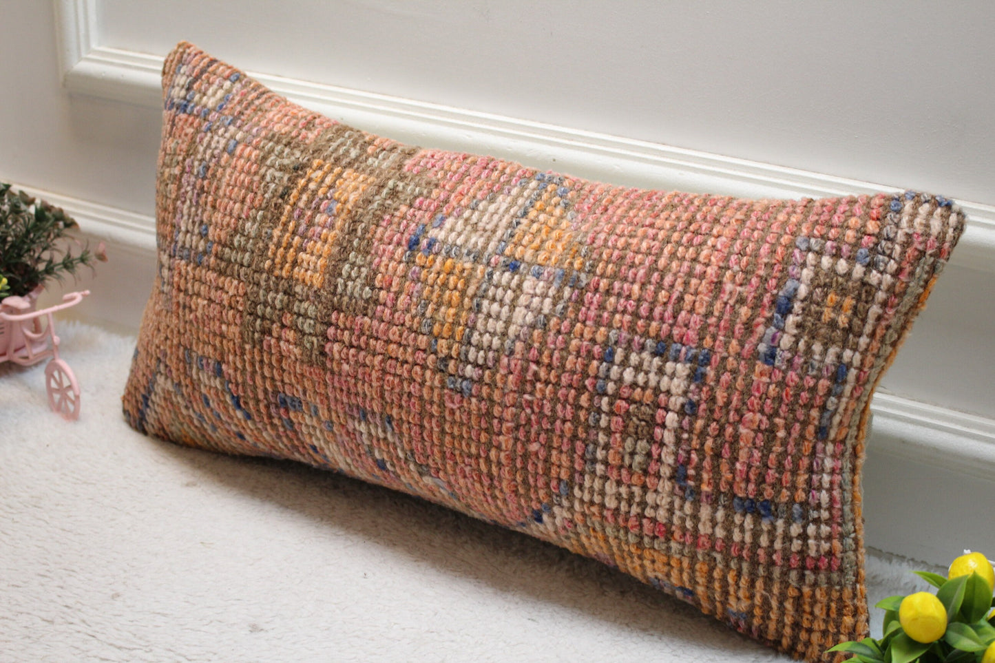 Handmade Pink Kilim Pillow Cover: Upcycled Turkish Rug, 12x24 inch
