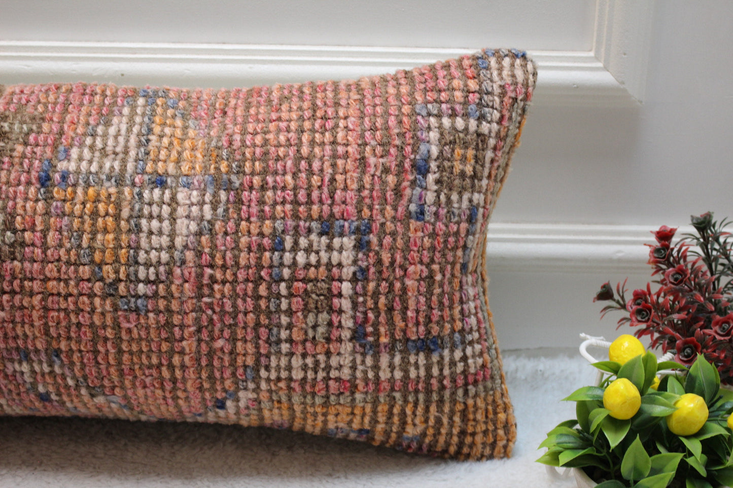 Handmade Pink Kilim Pillow Cover: Upcycled Turkish Rug, 12x24 inch