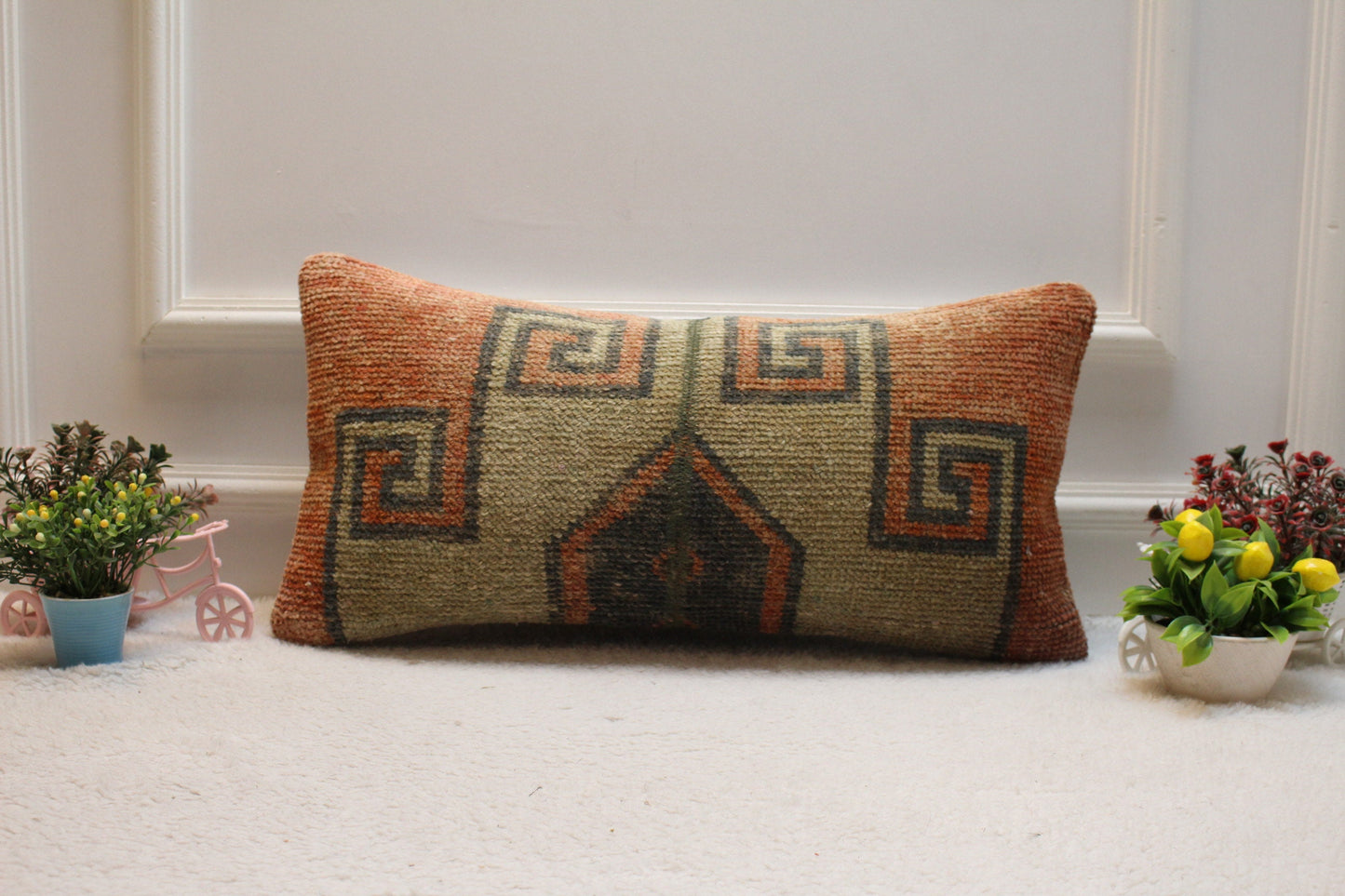 Geometric Turkish Rug Lumbar Pillow Cover: Upcycled Woven Wool (12x24in)