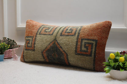 Geometric Turkish Rug Lumbar Pillow Cover: Upcycled Woven Wool (12x24in)