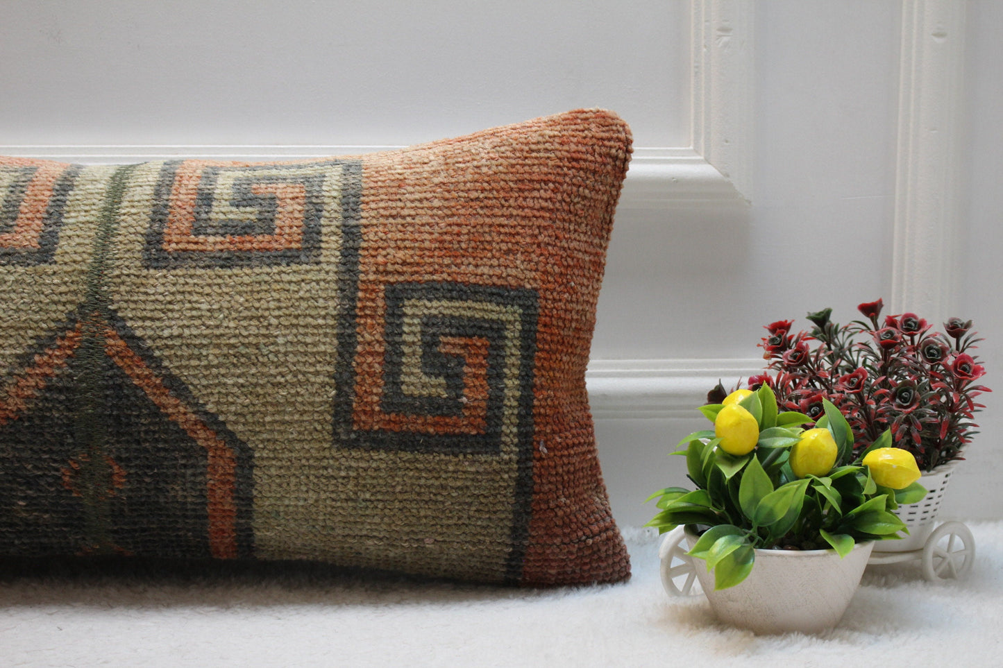 Geometric Turkish Rug Lumbar Pillow Cover: Upcycled Woven Wool (12x24in)
