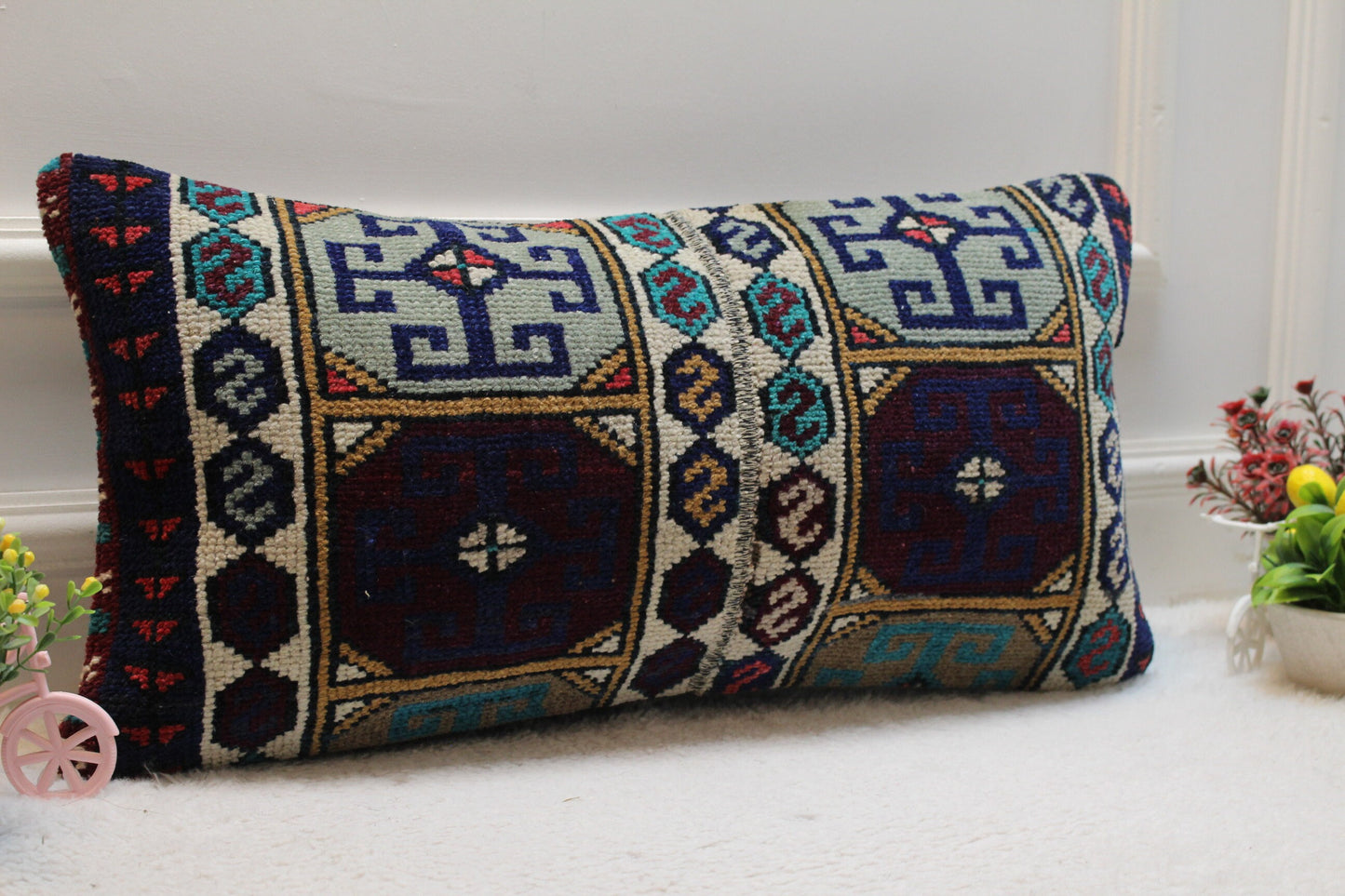 Handwoven Kilim Lumbar Pillow Cover: Geometric Wool Couch Pillow (12x24 in)