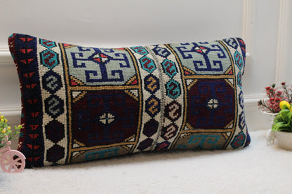 Handwoven Kilim Lumbar Pillow Cover: Geometric Wool Couch Pillow (12x24 in)