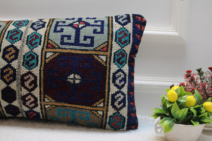 Handwoven Kilim Lumbar Pillow Cover: Geometric Wool Couch Pillow (12x24 in)