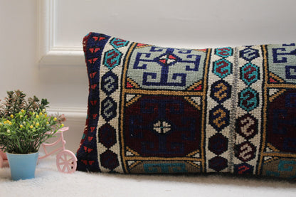 Handwoven Kilim Lumbar Pillow Cover: Geometric Wool Couch Pillow (12x24 in)