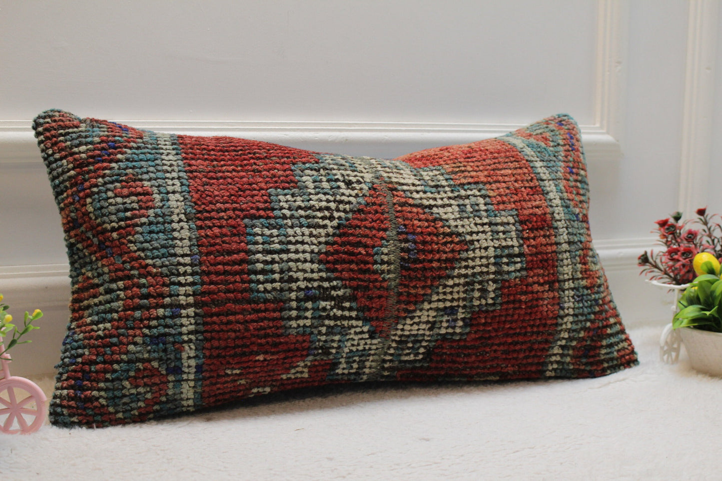 Handwoven Red Wool Lumbar Pillow Cover: Turkish Kilim Rug, 12x24 inc