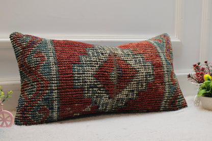 Handwoven Red Wool Lumbar Pillow Cover: Turkish Kilim Rug, 12x24 inc