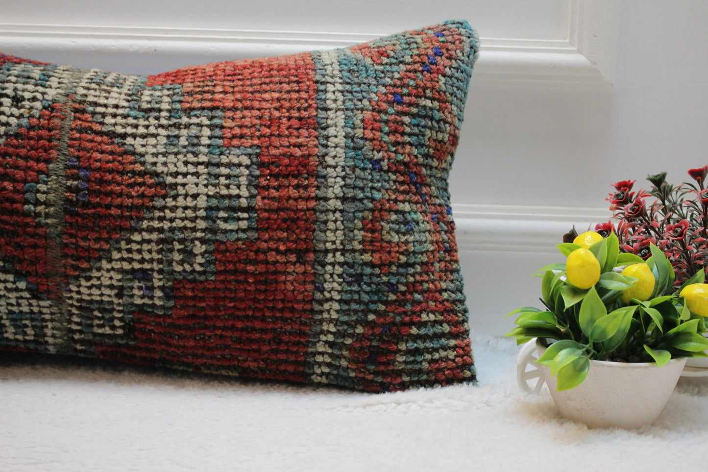 Handwoven Red Wool Lumbar Pillow Cover: Turkish Kilim Rug, 12x24 inc