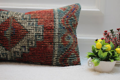 Handwoven Red Wool Lumbar Pillow Cover: Turkish Kilim Rug, 12x24 inc