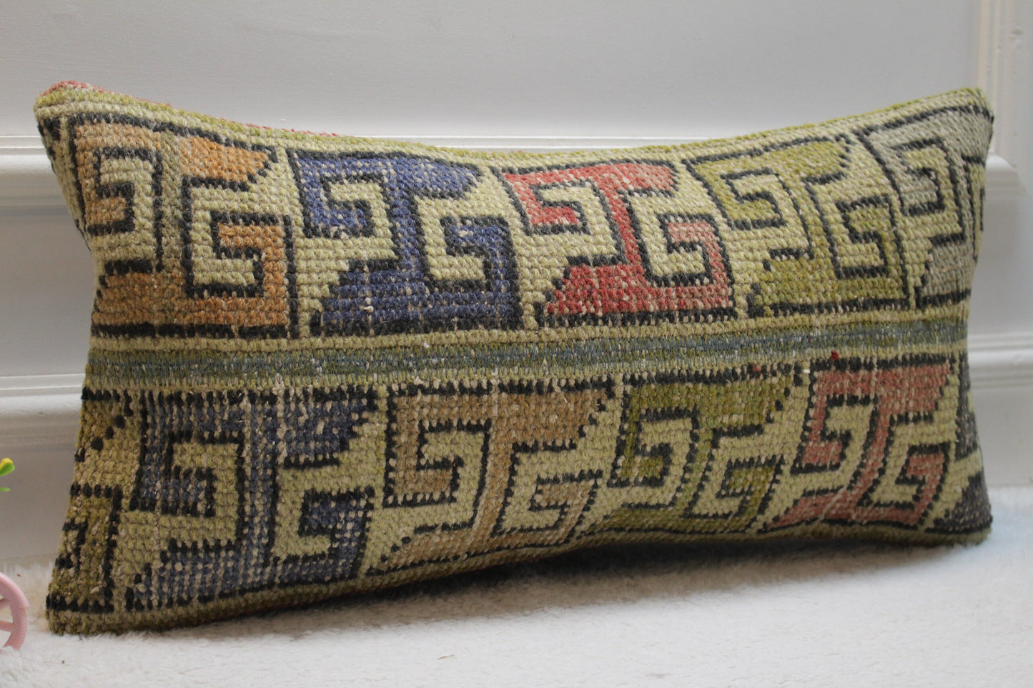 Vintage Turkish Rug Lumbar Pillow Cover: Geometric Kilim, 12x24 inch