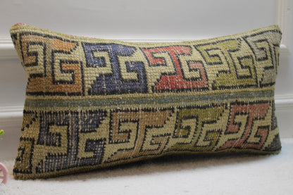 Vintage Turkish Rug Lumbar Pillow Cover: Geometric Kilim, 12x24 inch