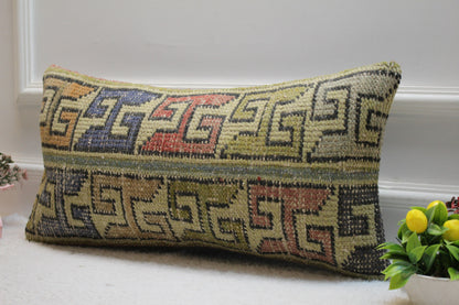 Vintage Turkish Rug Lumbar Pillow Cover: Geometric Kilim, 12x24 inch