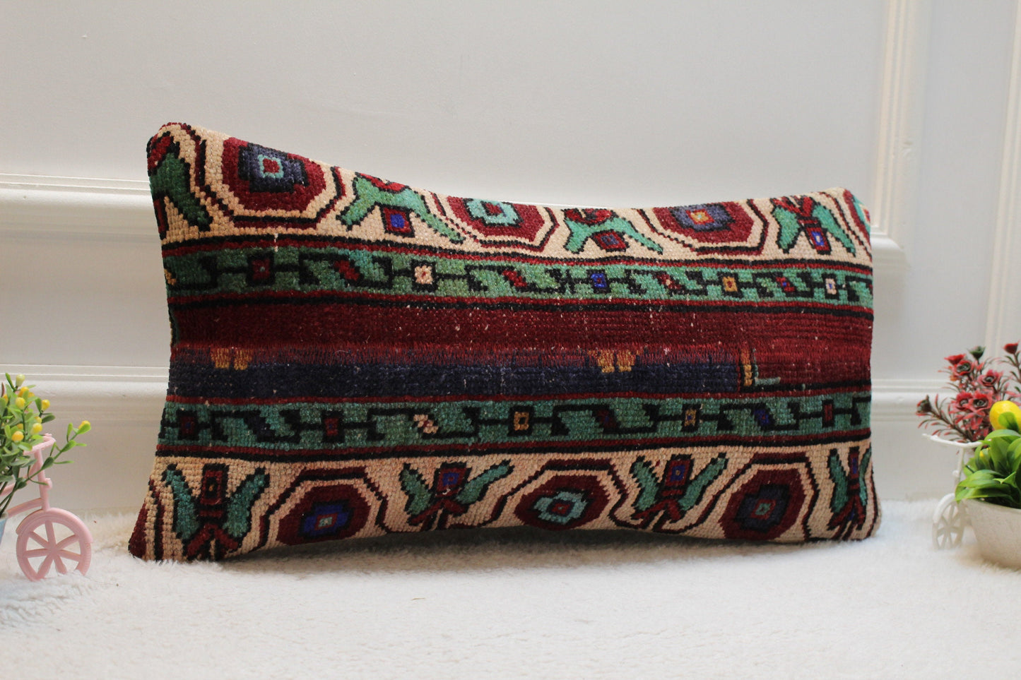 Handmade Turkish Rug Lumbar Pillow Cover: Vintage Patchwork Design (12x24 inc)