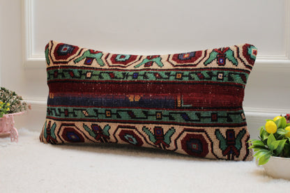 Handmade Turkish Rug Lumbar Pillow Cover: Vintage Patchwork Design (12x24 inc)