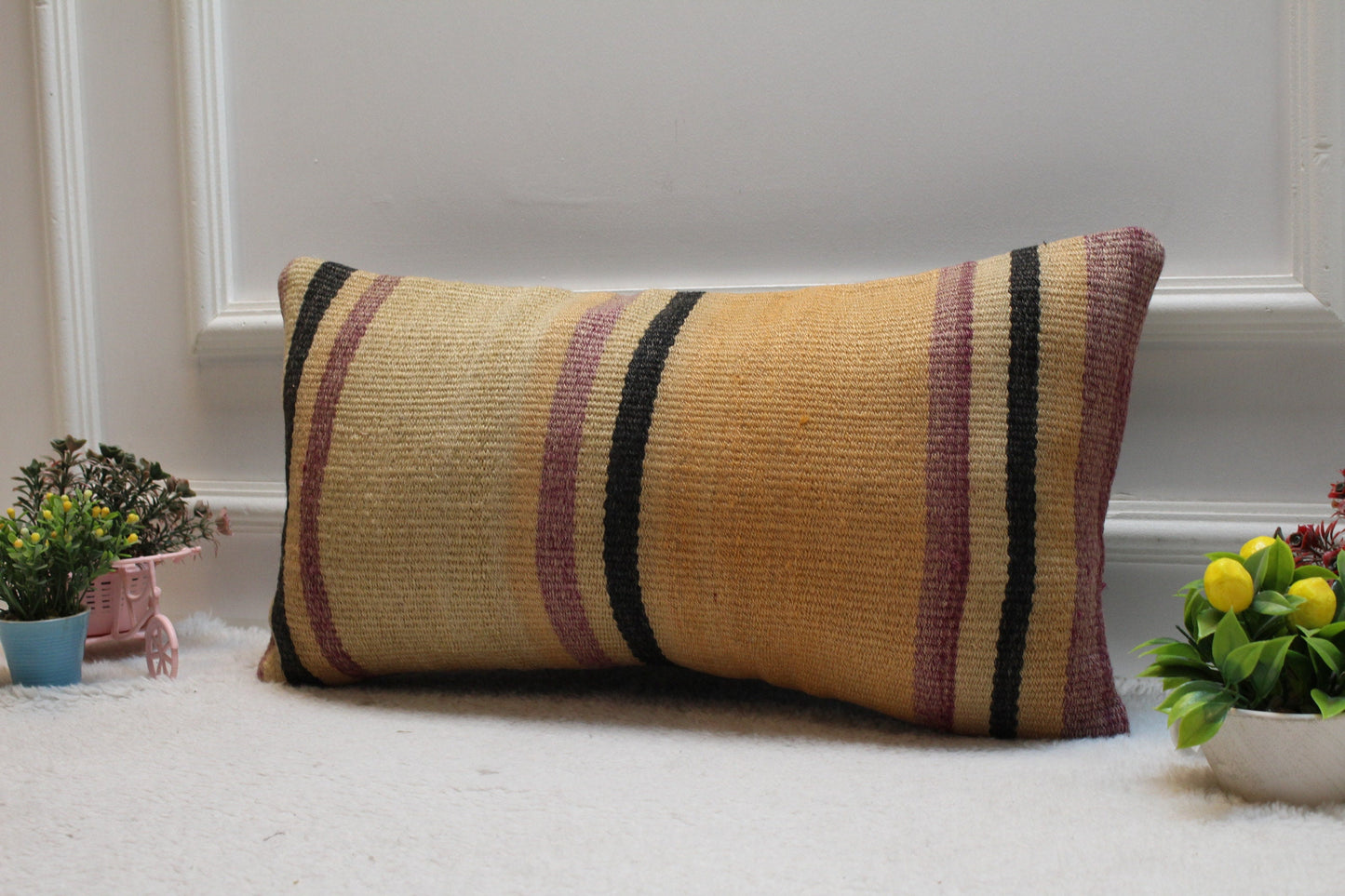 Handmade Orange Kilim Lumbar Pillow Cover: Vintage Turkish Rug, 12x24 inch