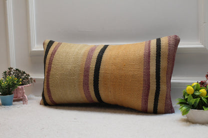 Handmade Orange Kilim Lumbar Pillow Cover: Vintage Turkish Rug, 12x24 inch