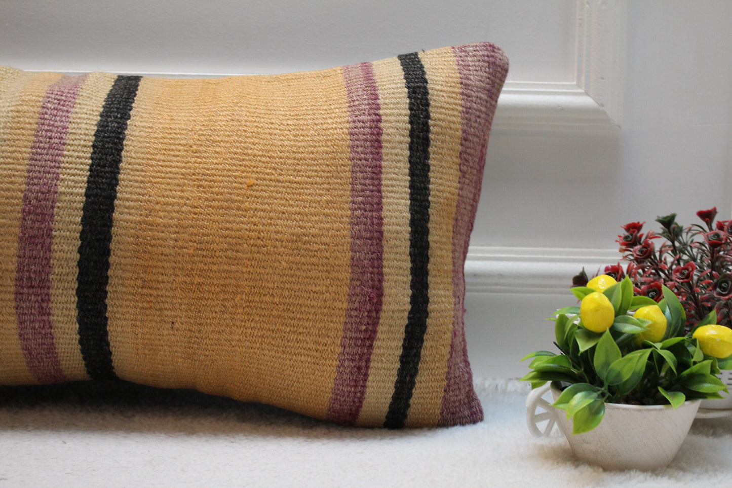 Handmade Orange Kilim Lumbar Pillow Cover: Vintage Turkish Rug, 12x24 inch